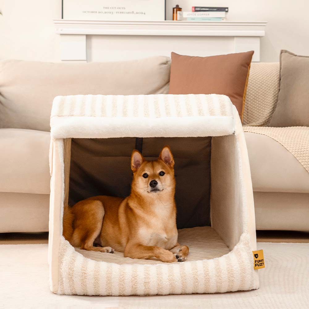 Cama de perros ortopédico de casa rayada de moda - acogedor escondite