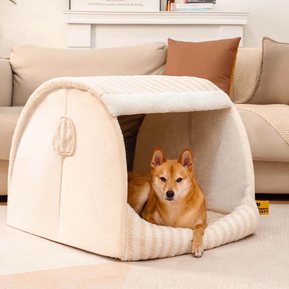 Cama de perros ortopédico de casa rayada de moda - acogedor escondite