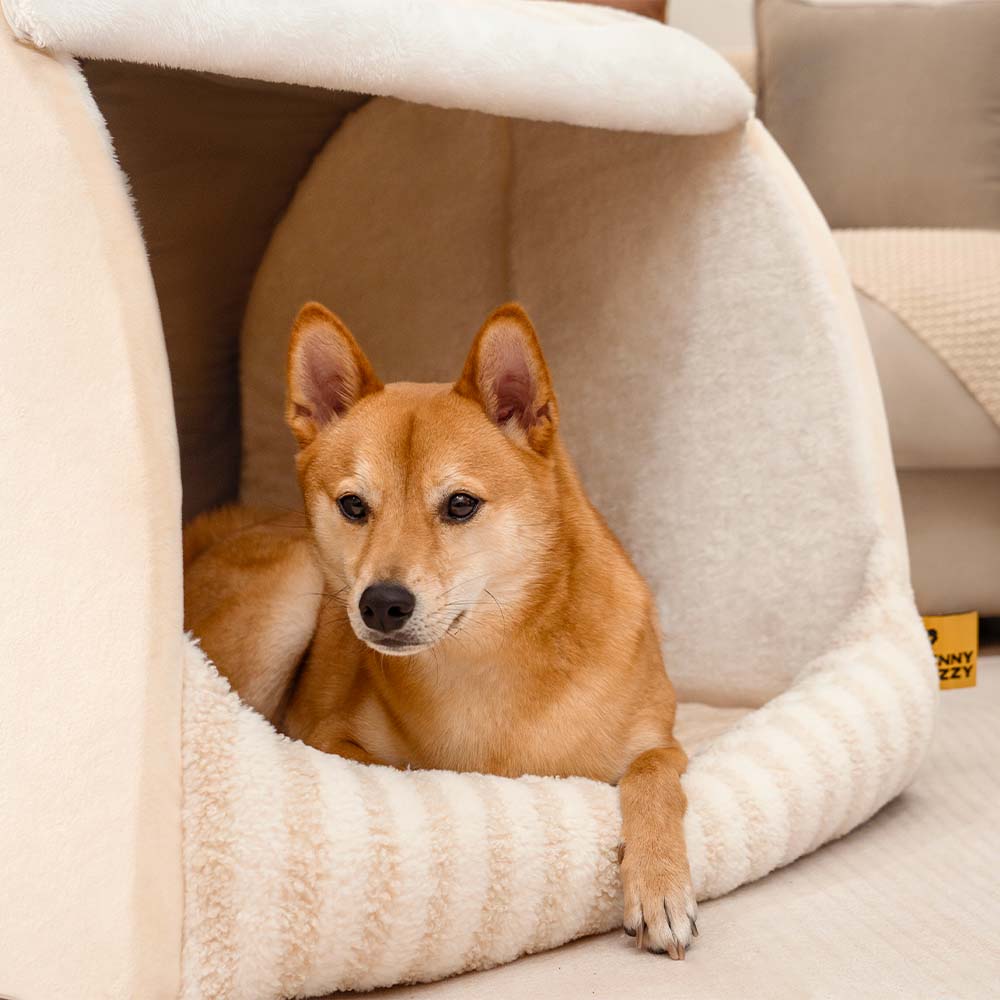 Cama de perros ortopédico de casa rayada de moda - acogedor escondite