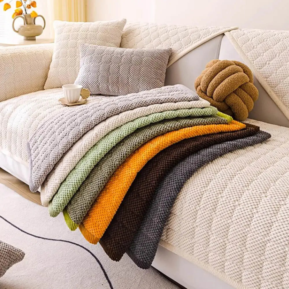 Cozy Quilted Grid Corduroy Thickened Anti-Slip Couch Cover