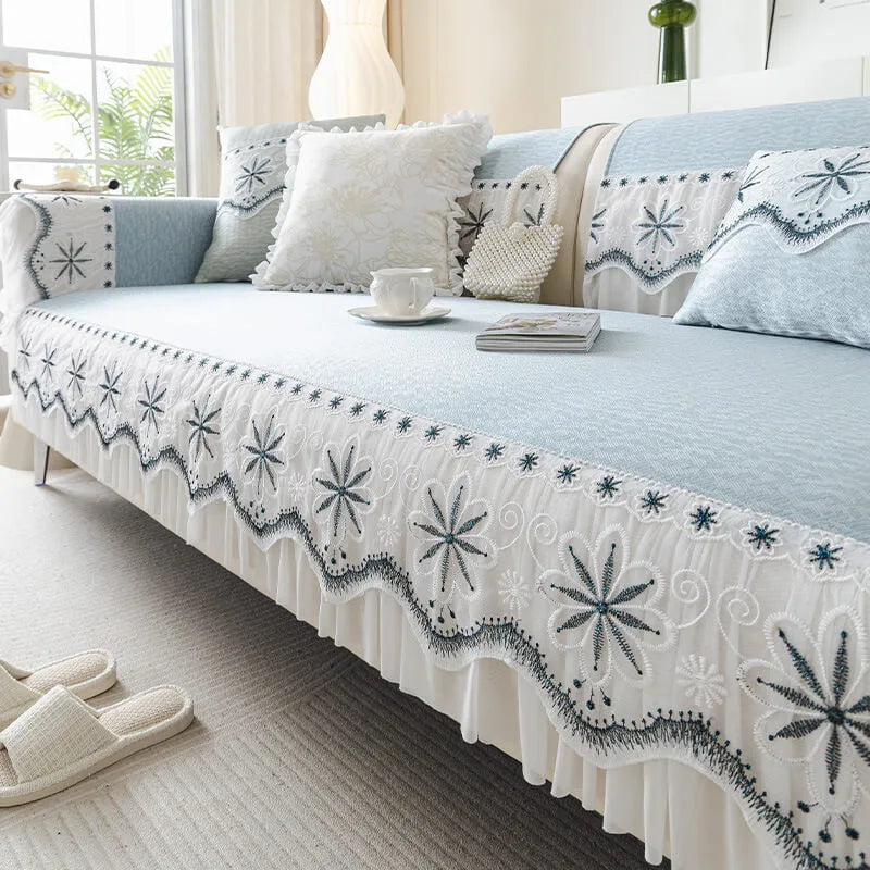 Embroidered Lace Fresh Non-Slip Couch Cover with Ruffled Trim