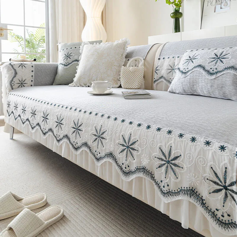 Embroidered Lace Fresh Non-Slip Couch Cover with Ruffled Trim