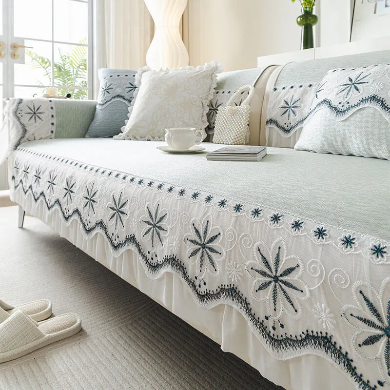 Embroidered Lace Fresh Non-Slip Couch Cover with Ruffled Trim