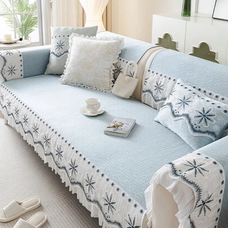 Embroidered Lace Fresh Non-Slip Couch Cover with Ruffled Trim