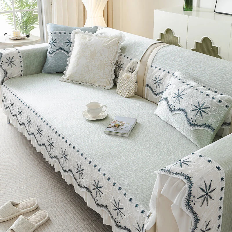 Embroidered Lace Fresh Non-Slip Couch Cover with Ruffled Trim