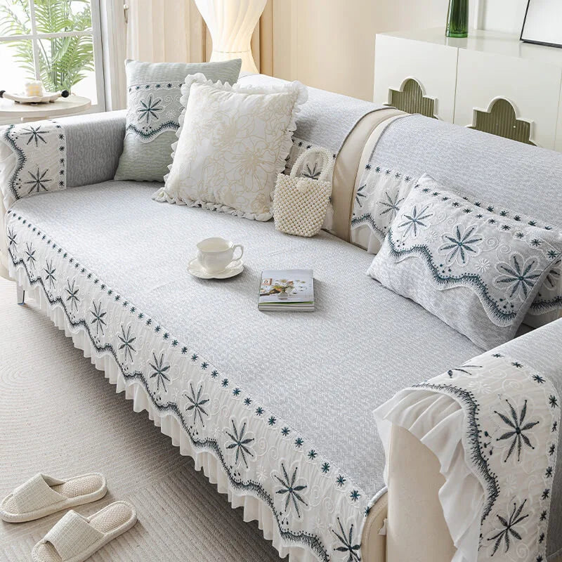 Embroidered Lace Fresh Non-Slip Couch Cover with Ruffled Trim