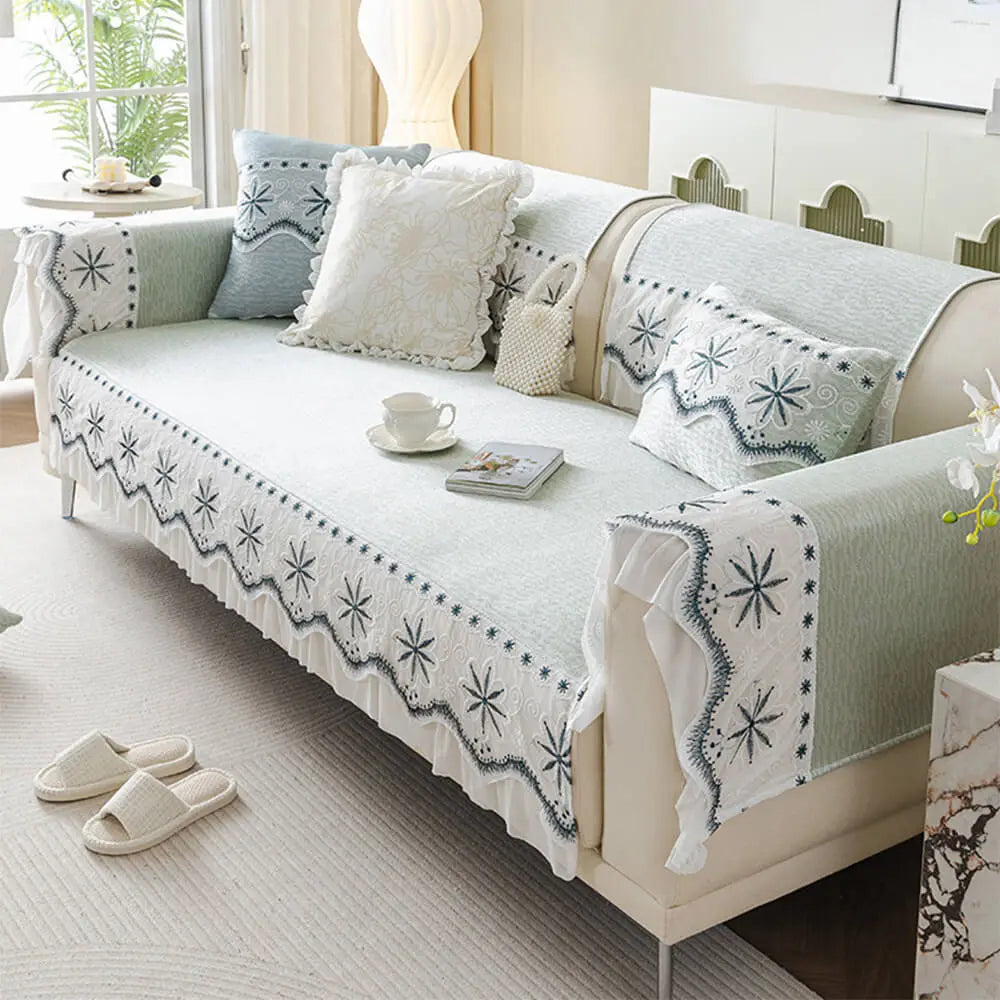 Embroidered Lace Fresh Non-Slip Couch Cover with Ruffled Trim