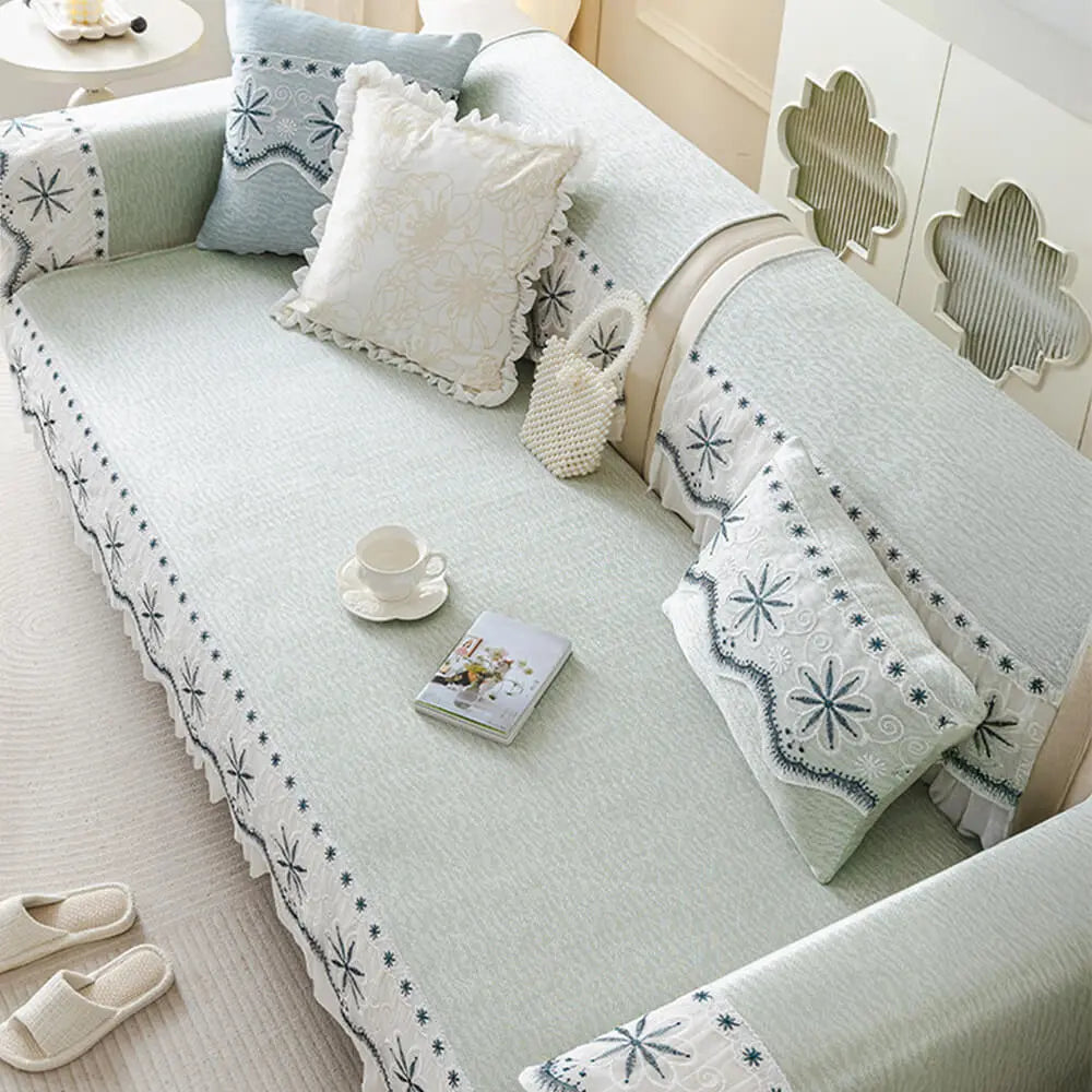Embroidered Lace Fresh Non-Slip Couch Cover with Ruffled Trim