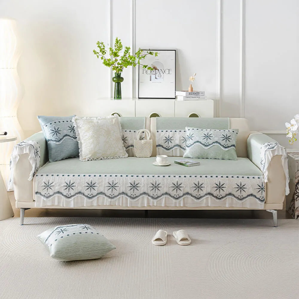 Embroidered Lace Fresh Non-Slip Couch Cover with Ruffled Trim