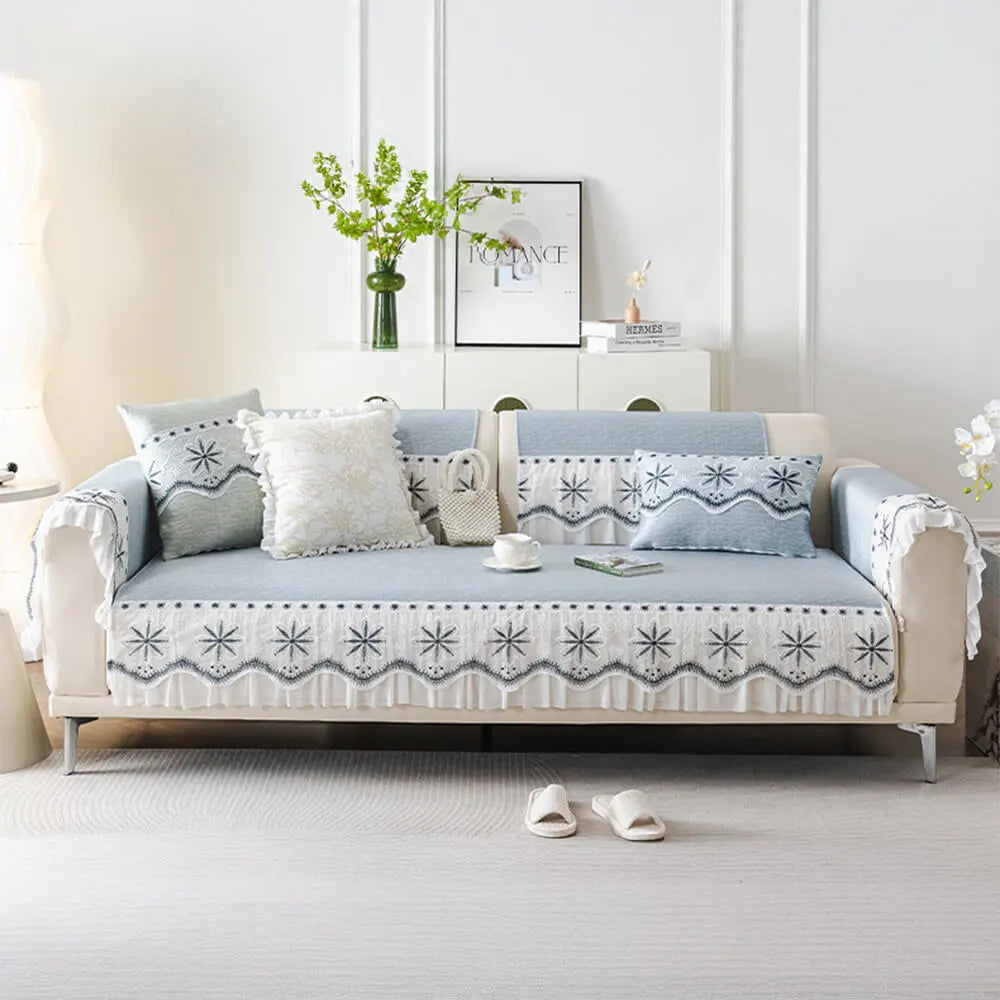 Embroidered Lace Fresh Non-Slip Couch Cover with Ruffled Trim