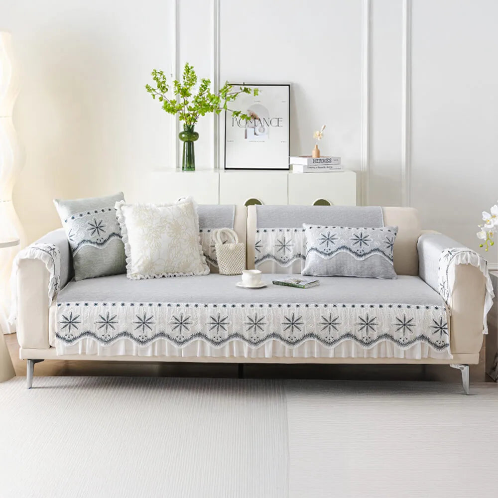 Embroidered Lace Fresh Non-Slip Couch Cover with Ruffled Trim