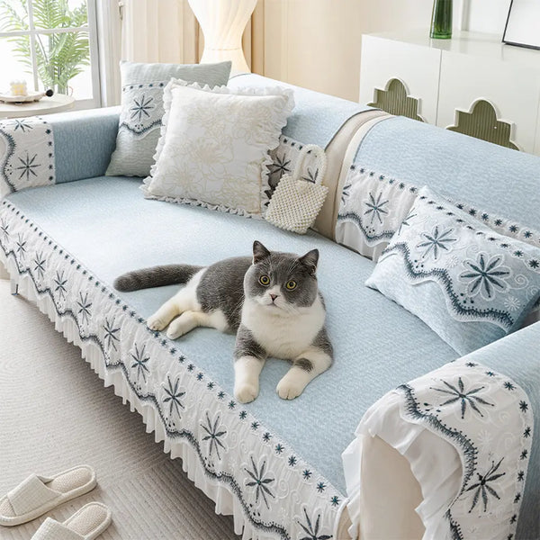 Embroidered Lace Fresh Non-Slip Couch Cover with Ruffled Trim