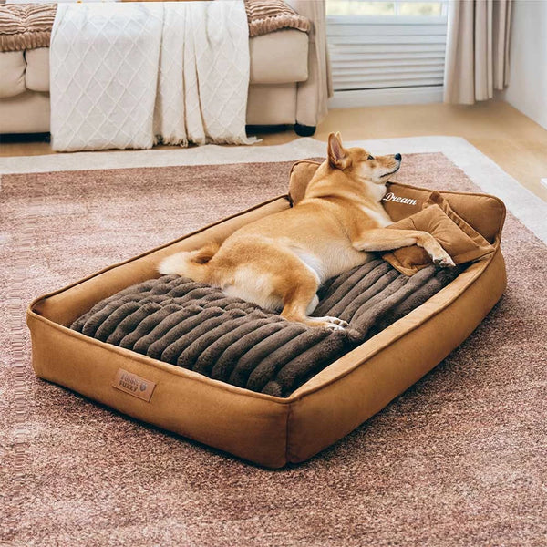 Retro Faux Suede Dual-sided Washable Bolster Dog Bed With Pillow – SweetDream