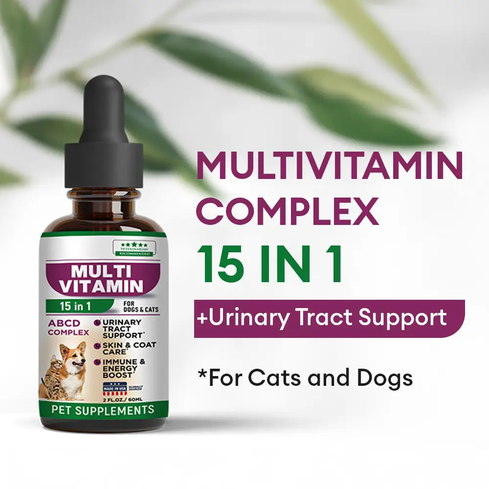 15-in-1 Dog & Cat Multivitamin Drops for UTI, Kidney, Skin, Coat Pet Supplements Support