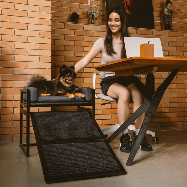 Elevated Pet Sofa Bed with Stairs Ramp for Bedside Lounge or Dog Window Perch