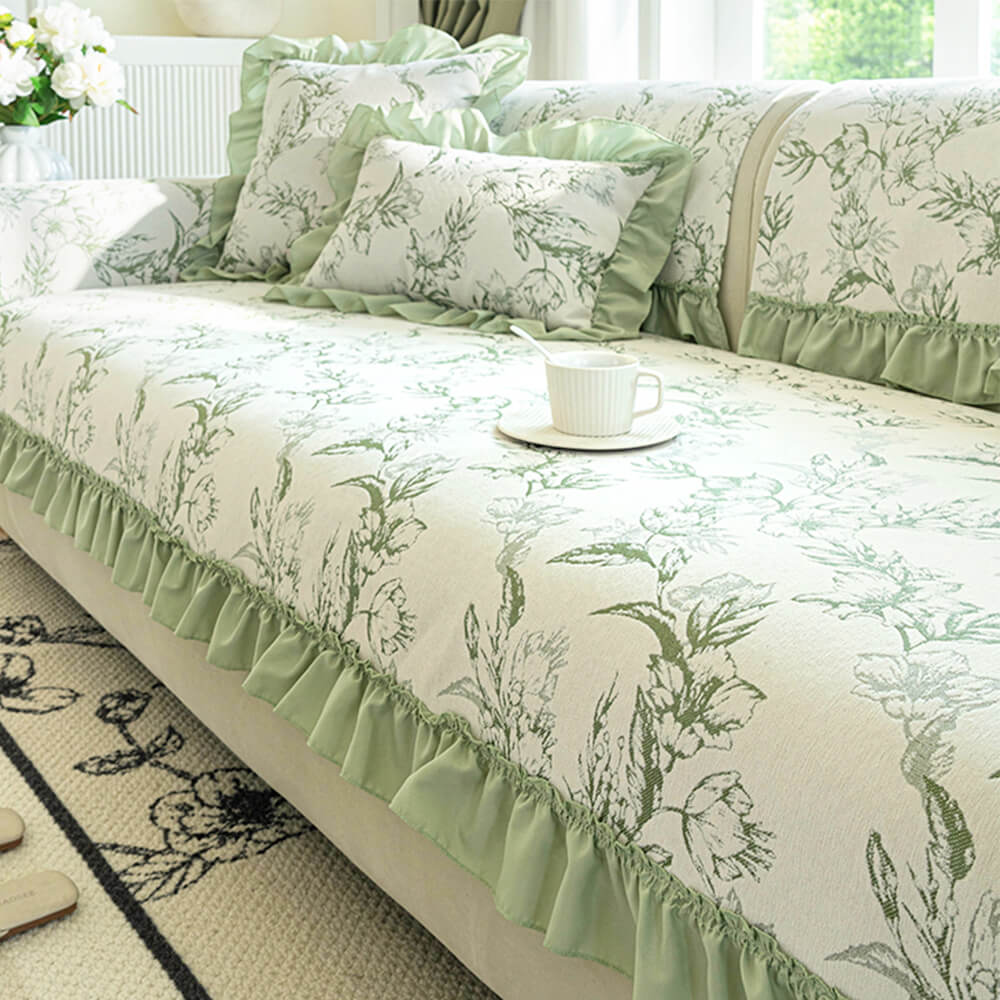 Chenille Floral Ruffle Design Anti-Slip Couch Cover