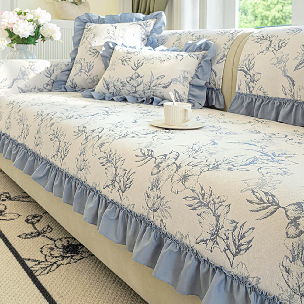 Chenille Floral Ruffle Design Anti-Slip Couch Cover