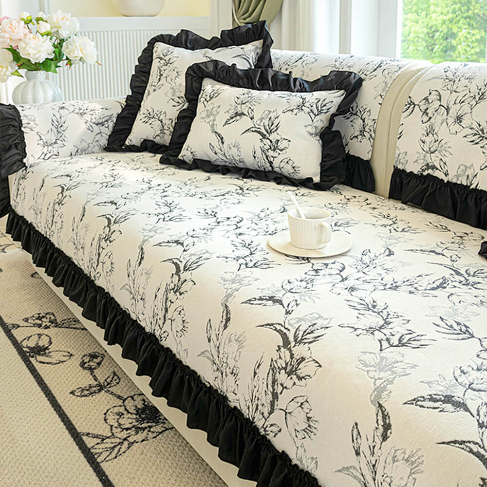Chenille Floral Ruffle Design Anti-Slip Couch Cover