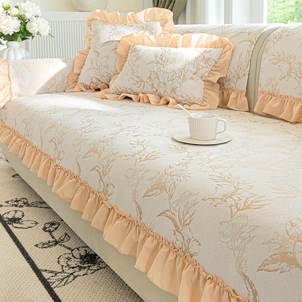 Chenille Floral Ruffle Design Anti-Slip Couch Cover