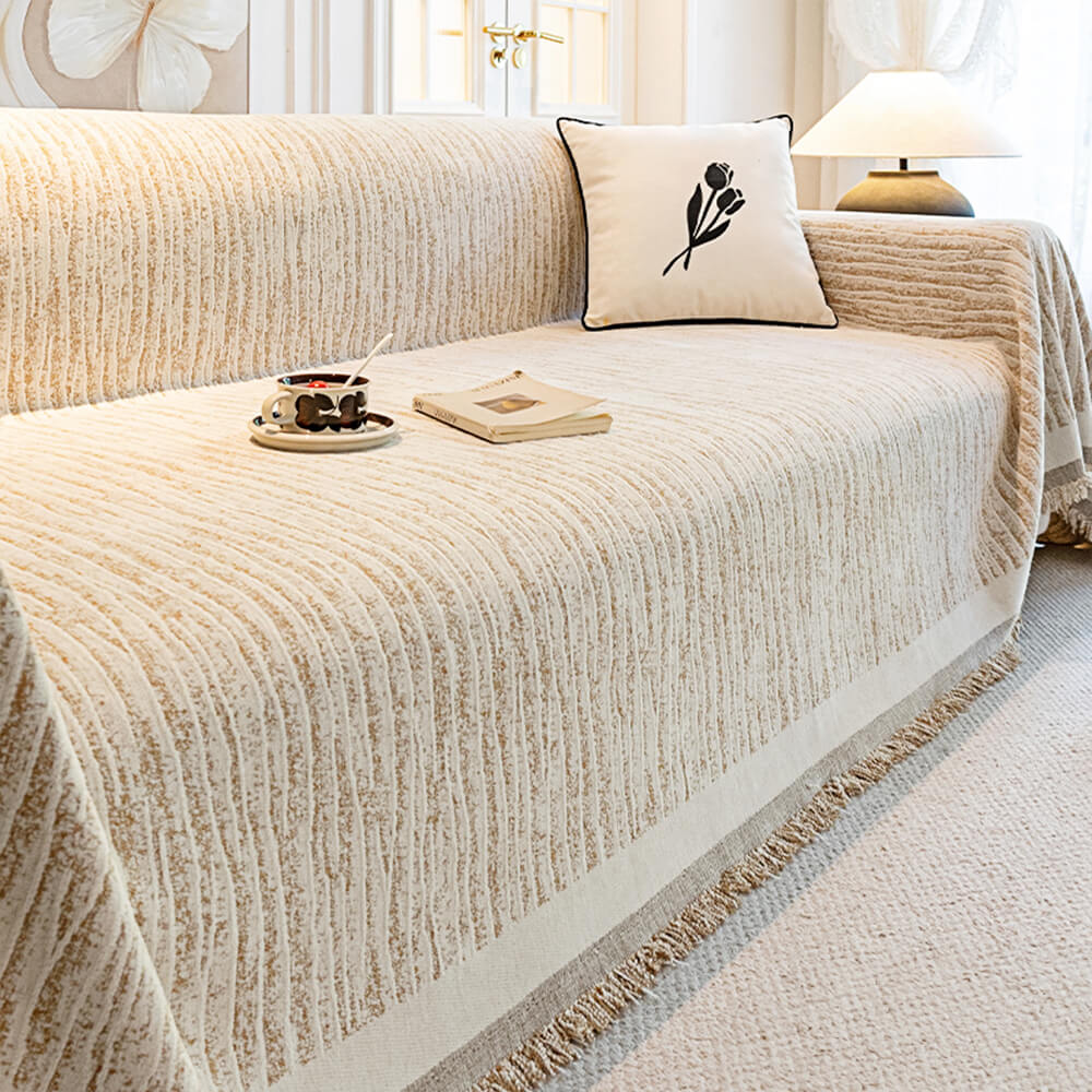 Cream Chenille Textured Pet-Friendly Anti-Scratch Throw Couch Cover