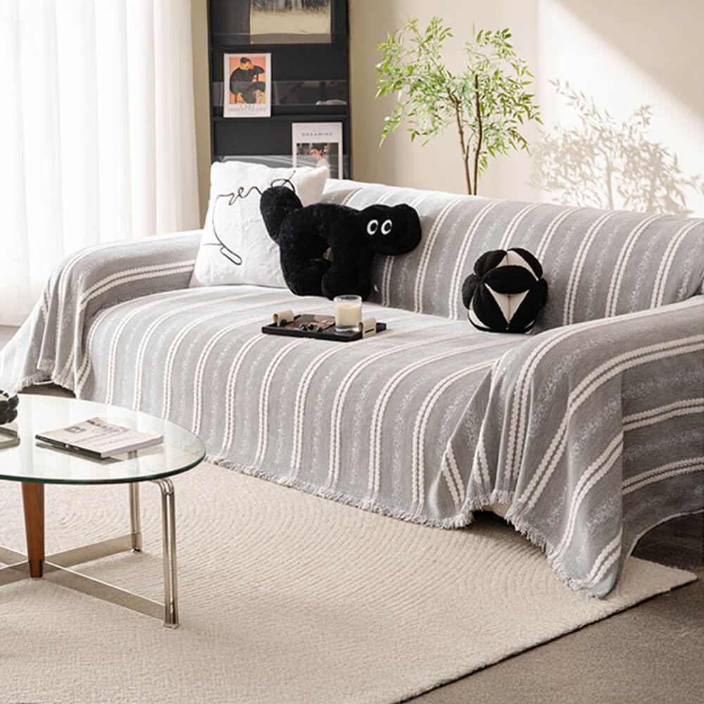 Decorative Stripe Tassel Chenille Throw Couch Cover