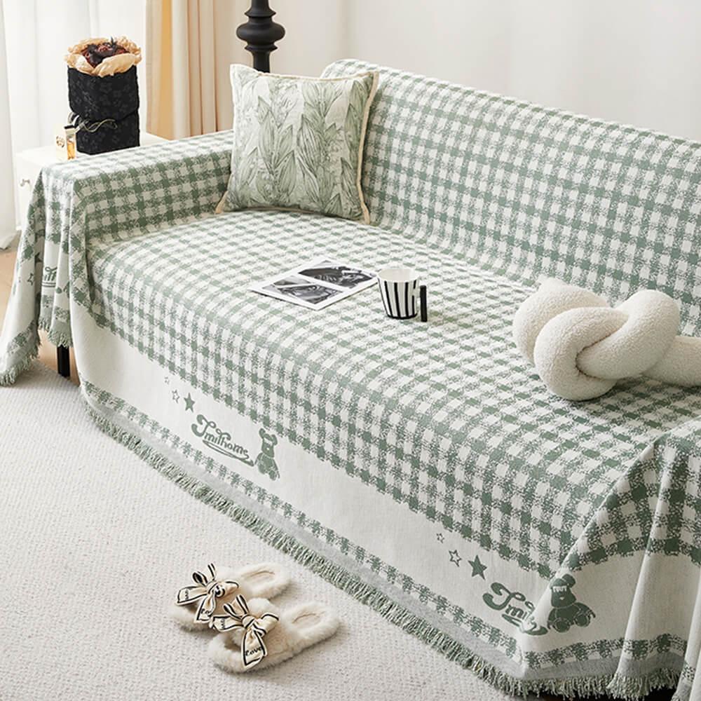 Retro Gingham Pattern Chenille with Decorative Tassels Throw Couch Cover