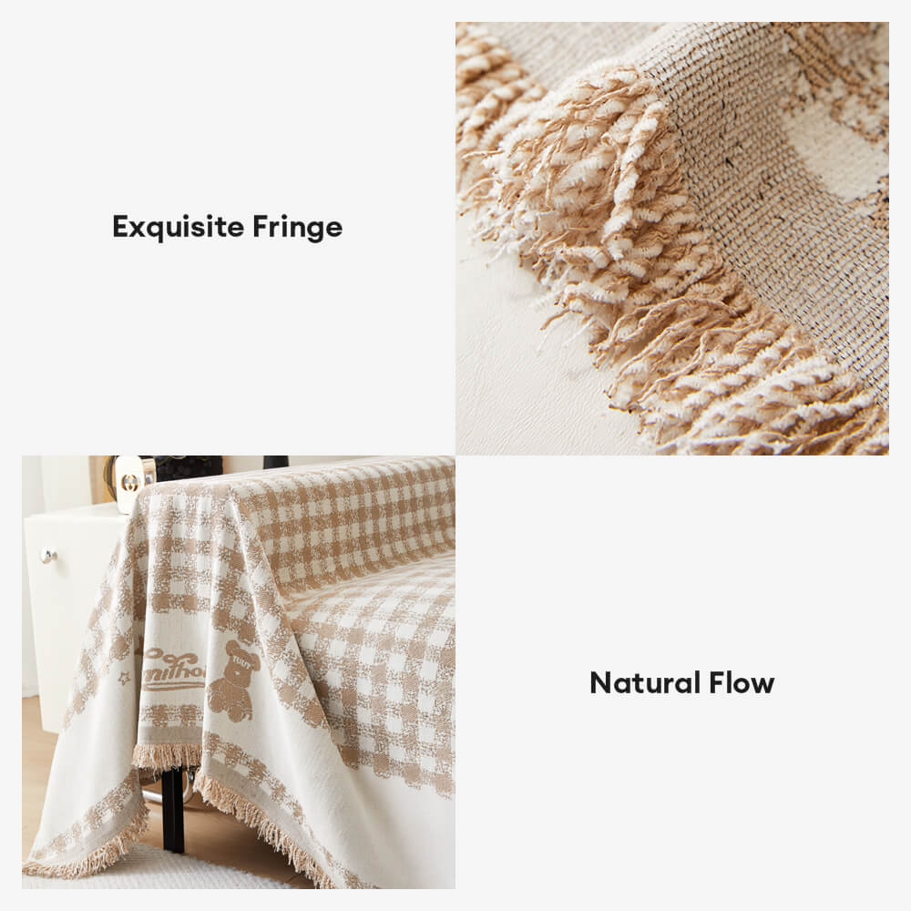 Retro Gingham Pattern Chenille with Decorative Tassels Throw Couch Cover