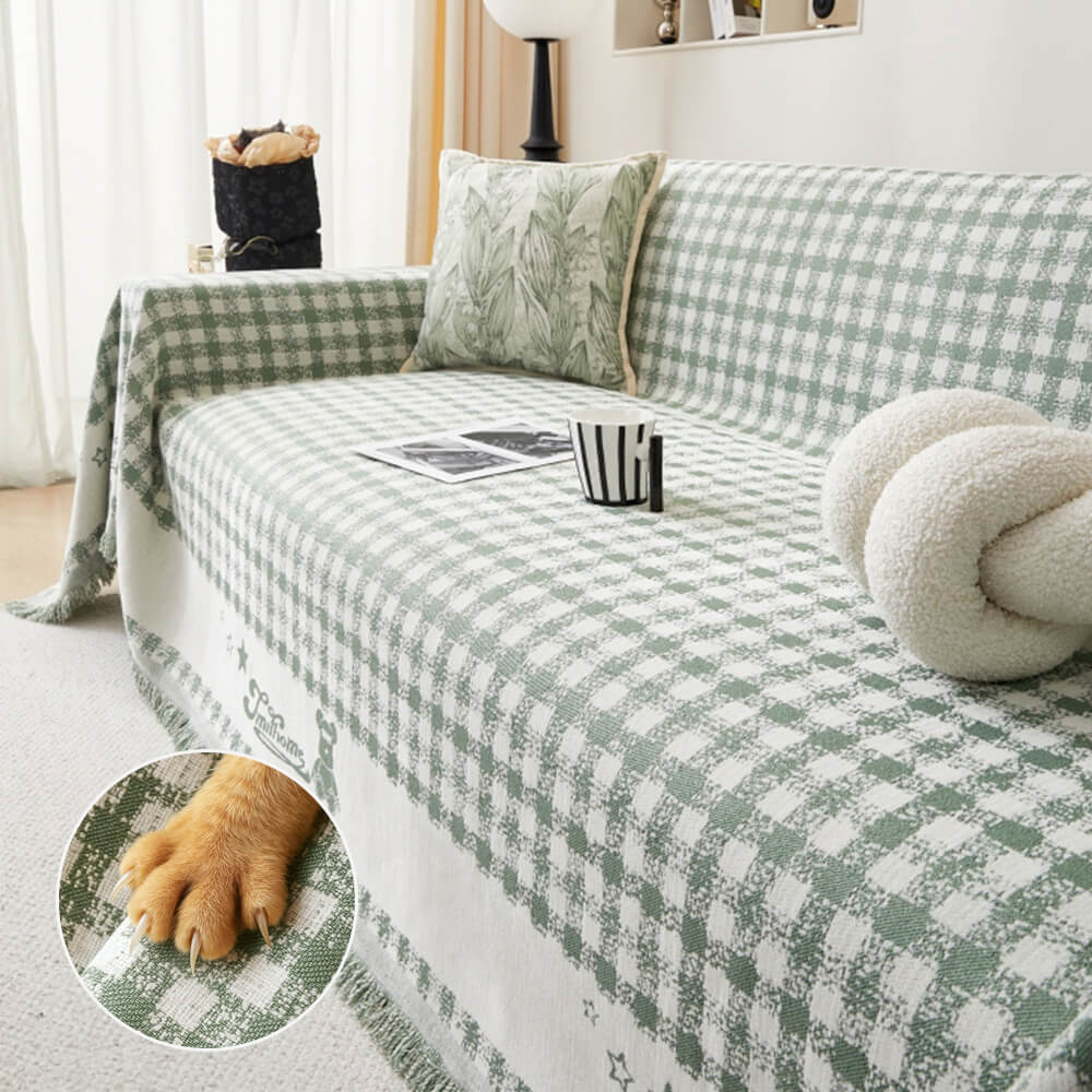 Retro Gingham Pattern Chenille with Decorative Tassels Throw Couch Cover