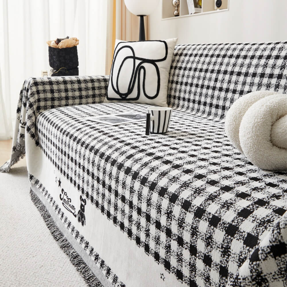 Retro Gingham Pattern Chenille with Decorative Tassels Throw Couch Cover