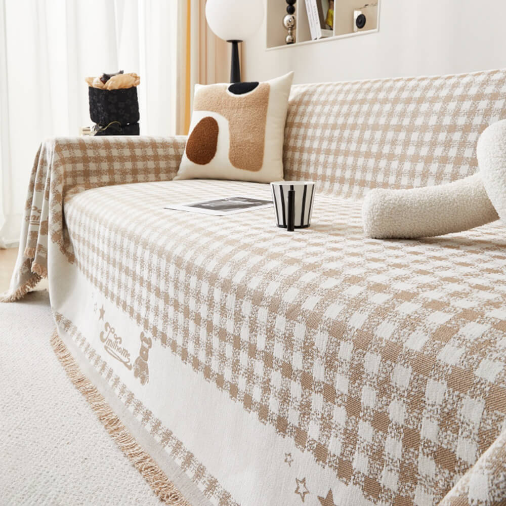 Retro Gingham Pattern Chenille with Decorative Tassels Throw Couch Cover