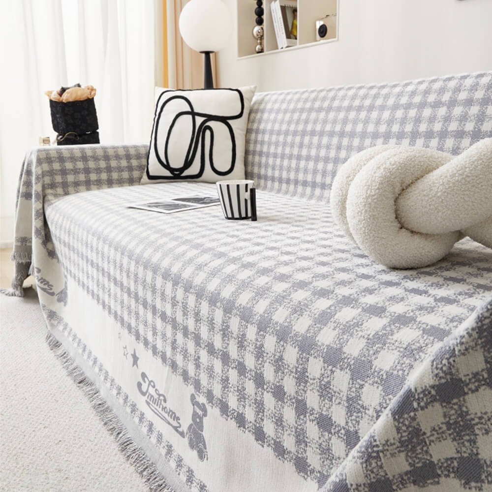 Retro Gingham Pattern Chenille with Decorative Tassels Throw Couch Cover