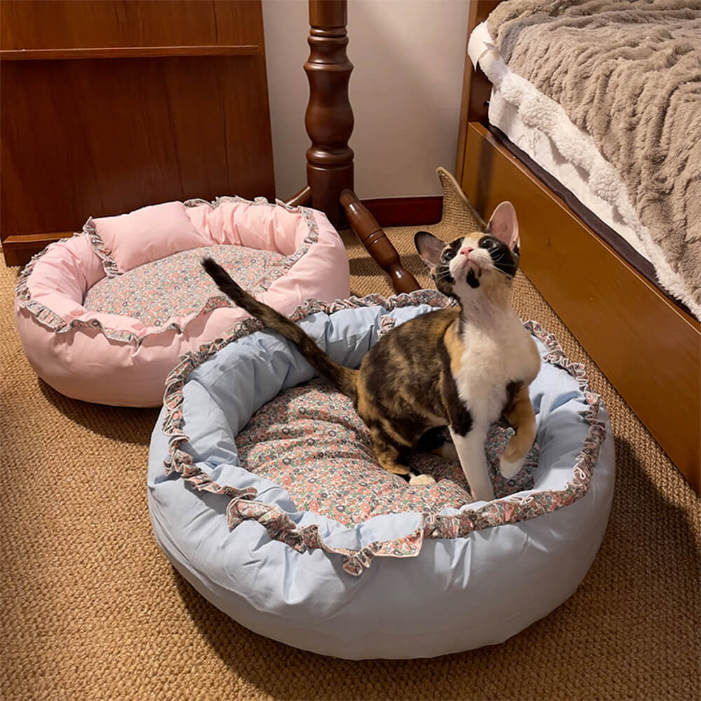 Vintage Pastoral Floral Cozy Round Cat Bed