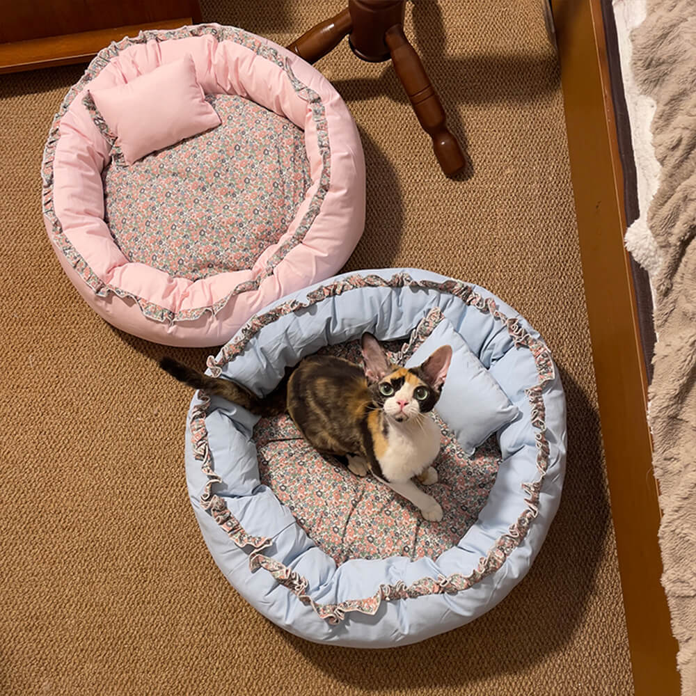Vintage Pastoral Floral Cozy Round Cat Bed