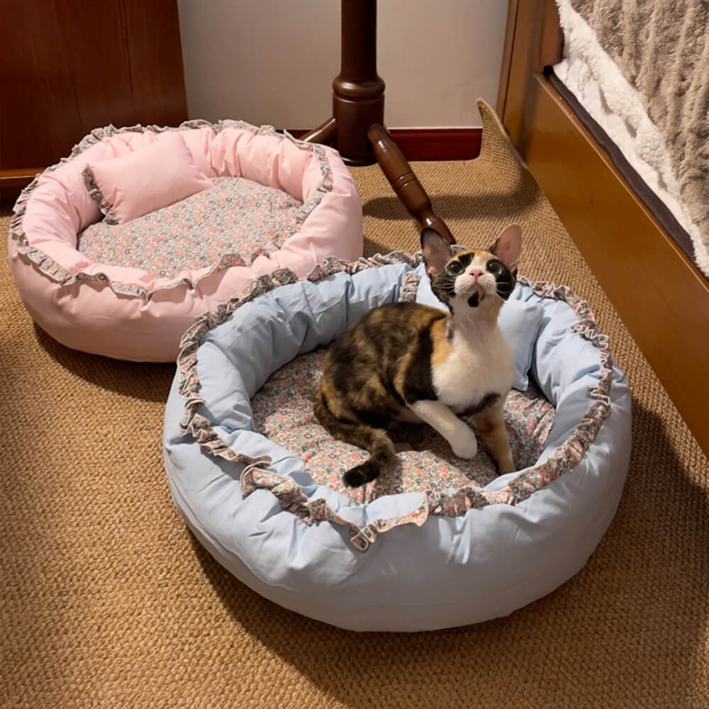 Vintage Pastoral Floral Cozy Round Cat Bed