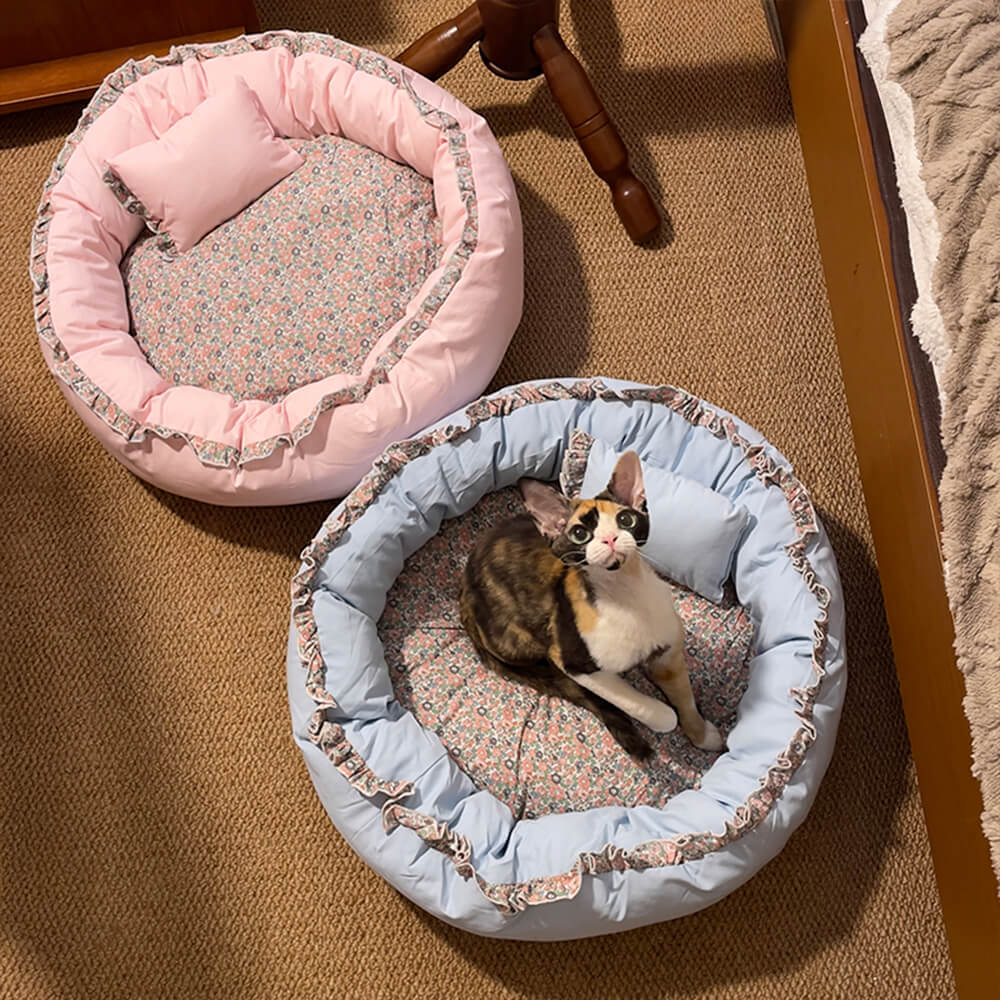 Vintage Pastoral Floral Cozy Round Cat Bed