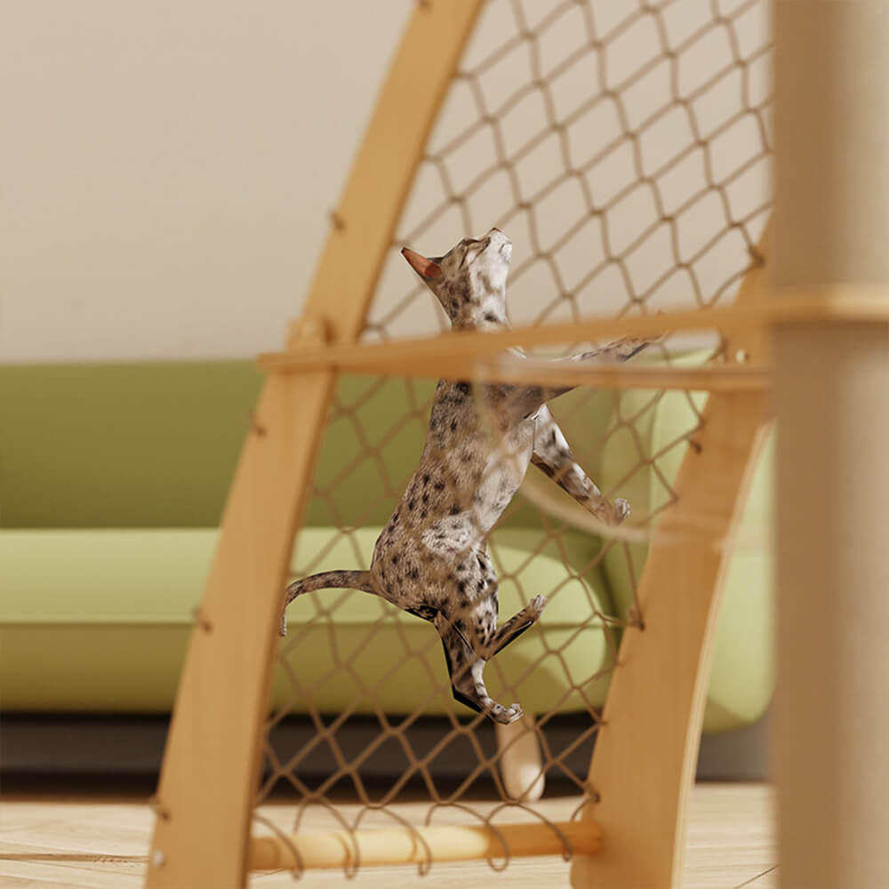 Solid Wood Cat Scratching Post with Space Capsule and Climbing Net