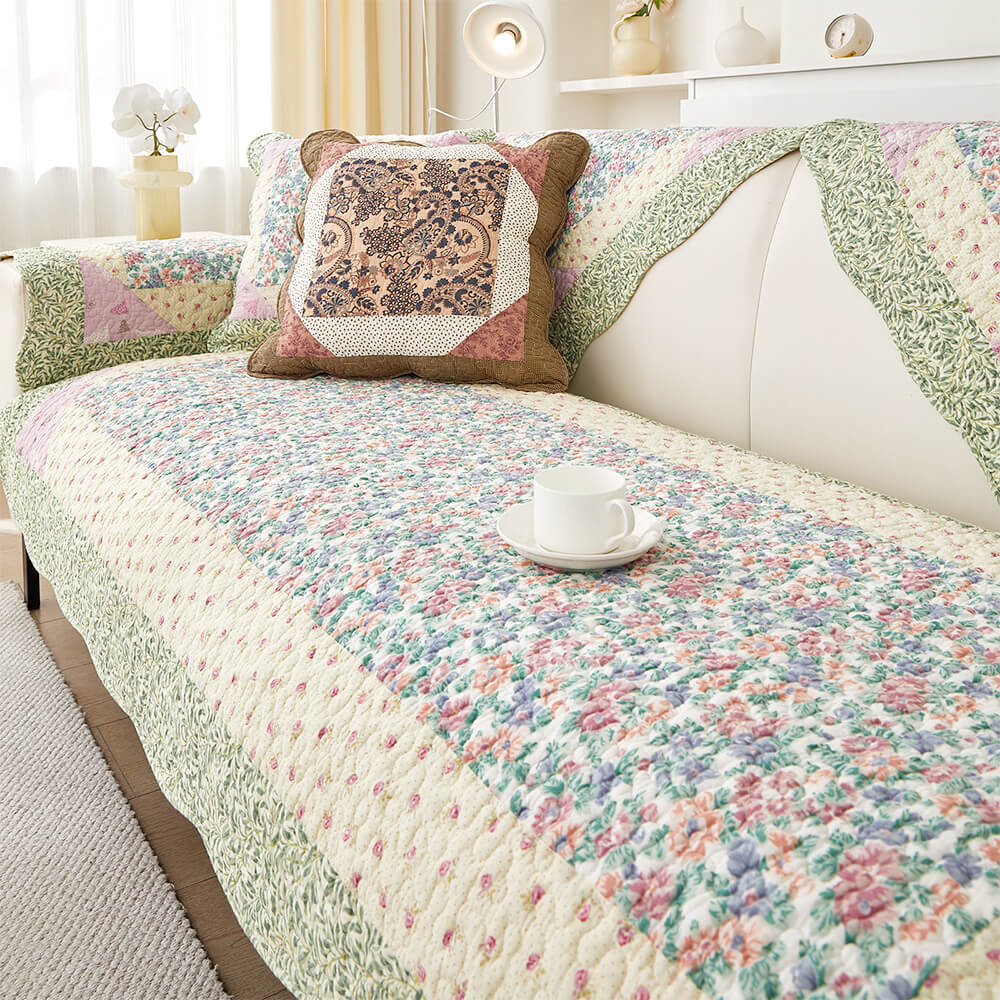 Rustic Floral Patchwork Cotton Quilted Anti-Scratch Couch Cover
