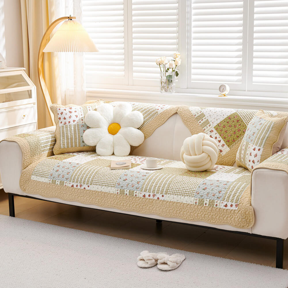 Garden Quilted Patchwork Soft Cotton Anti-Scratch Non-slip Couch Cover