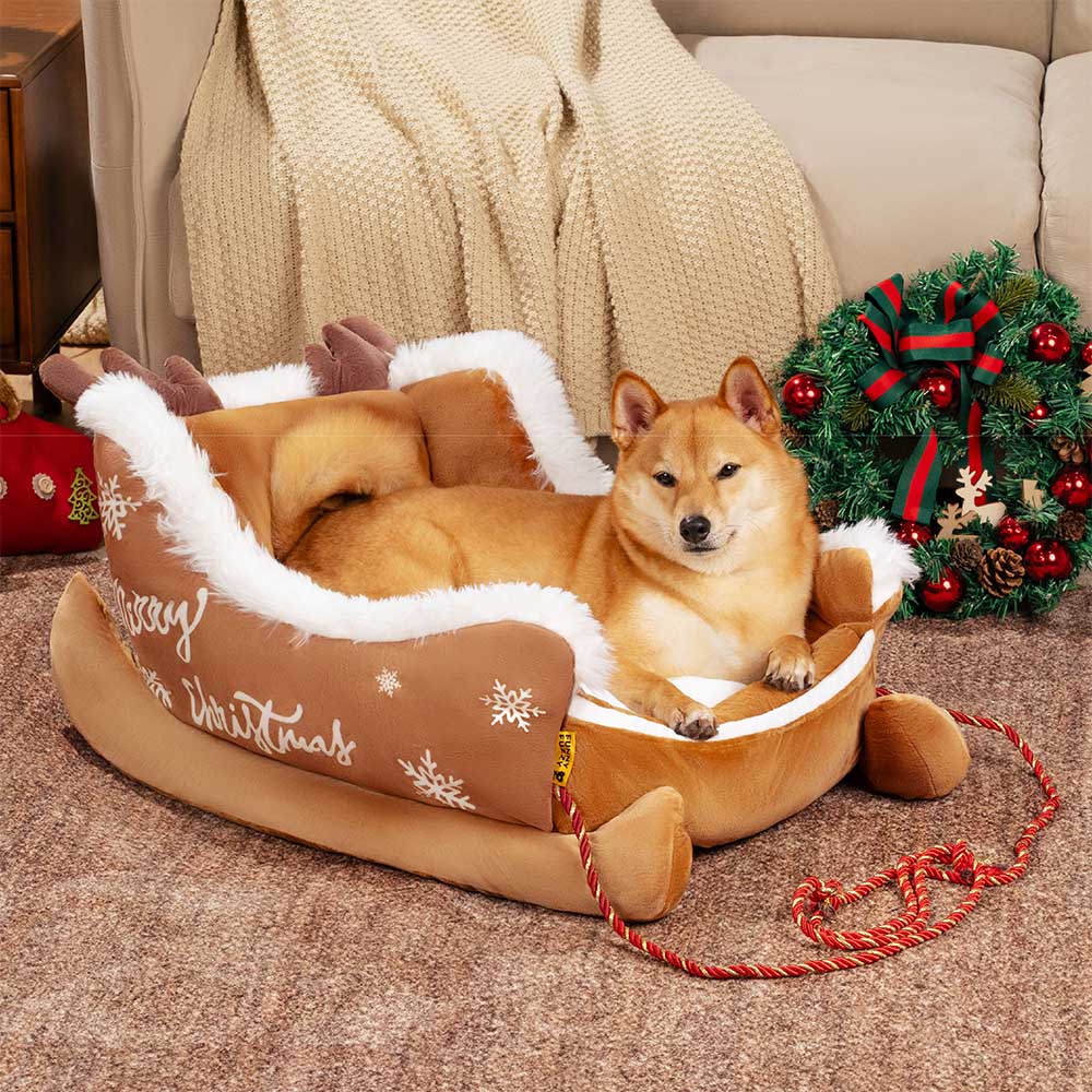 Festive Plush Cozy Dog Bed - Christmas Sleigh