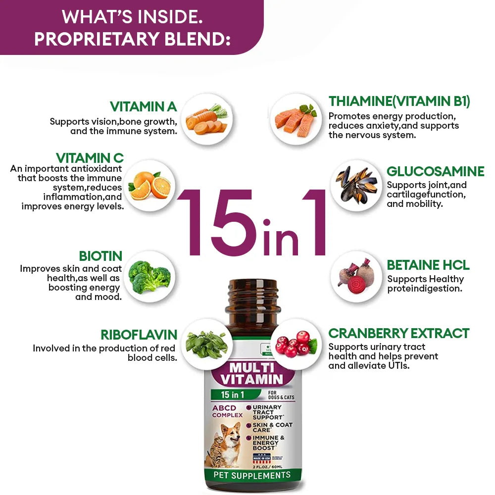 15-in-1 Dog & Cat Multivitamin Drops for UTI, Kidney, Skin, Coat Pet Supplements Support