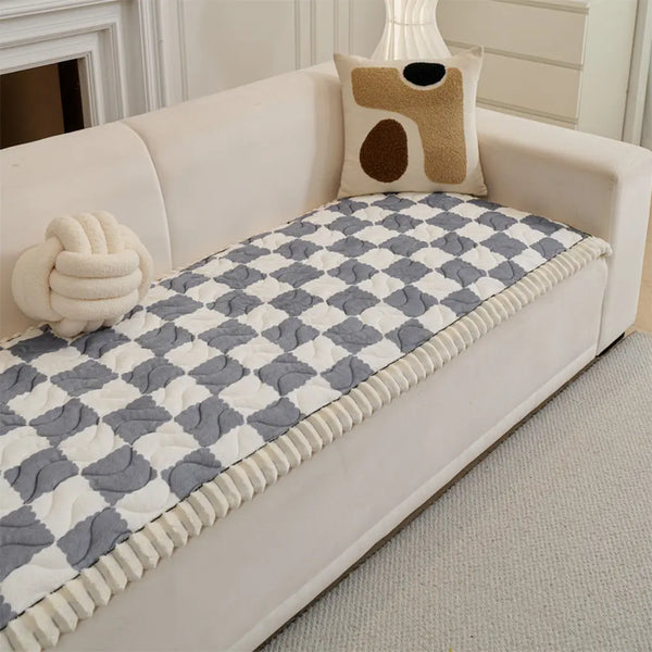 Checkered Velvet Sofa Pad Anti-Slip Quilted Couch Cover