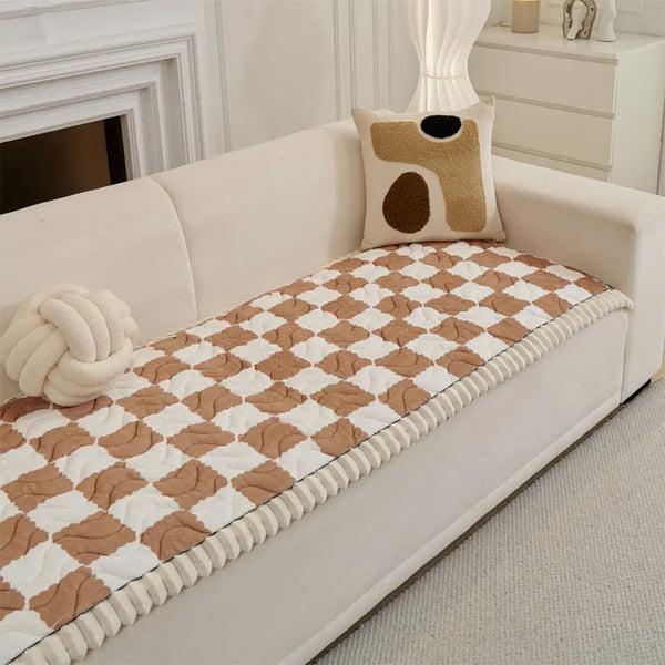 Checkered Velvet Sofa Pad Anti-Slip Quilted Couch Cover