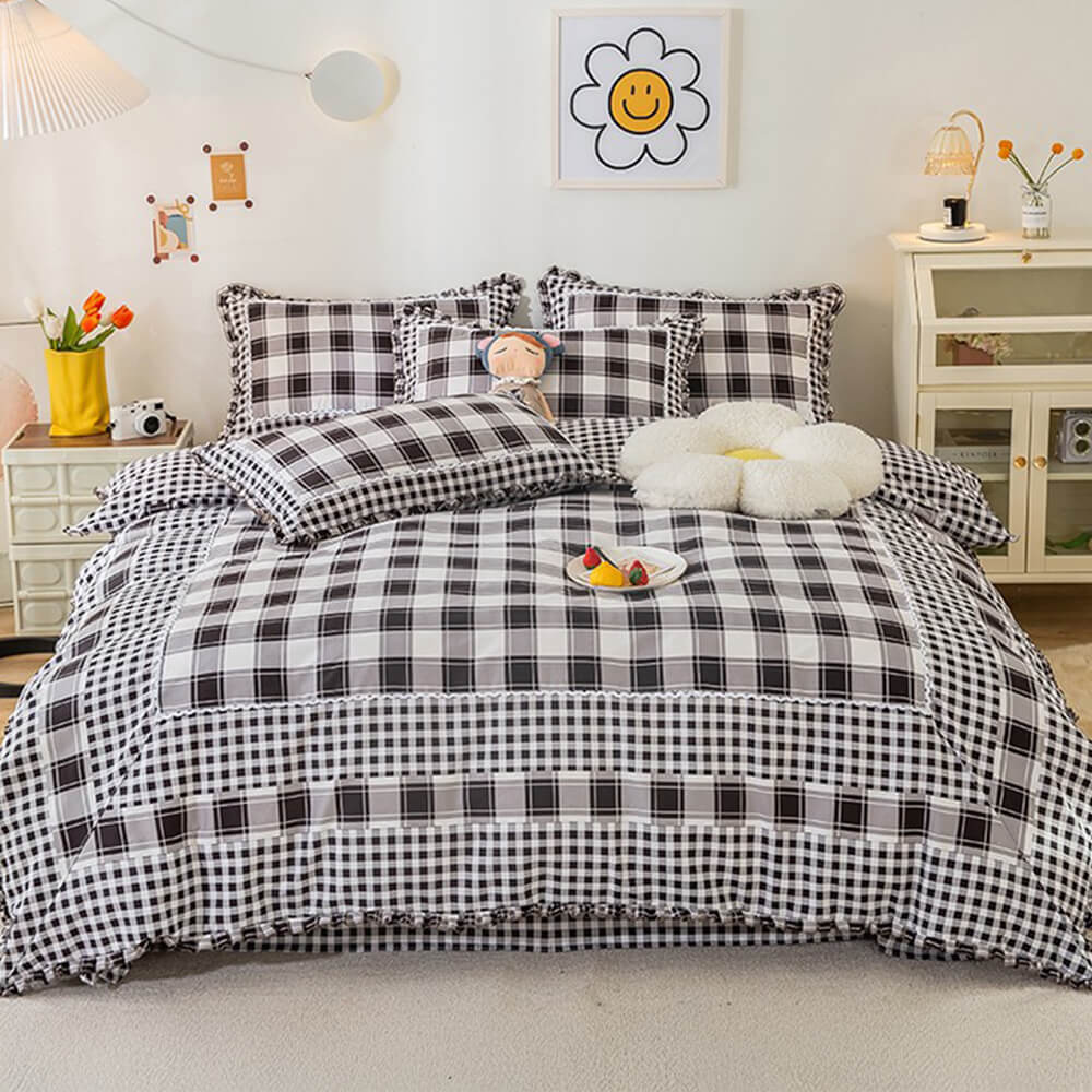 Country Style Plaid Brushed Duvet Cover Bed Sheet Set