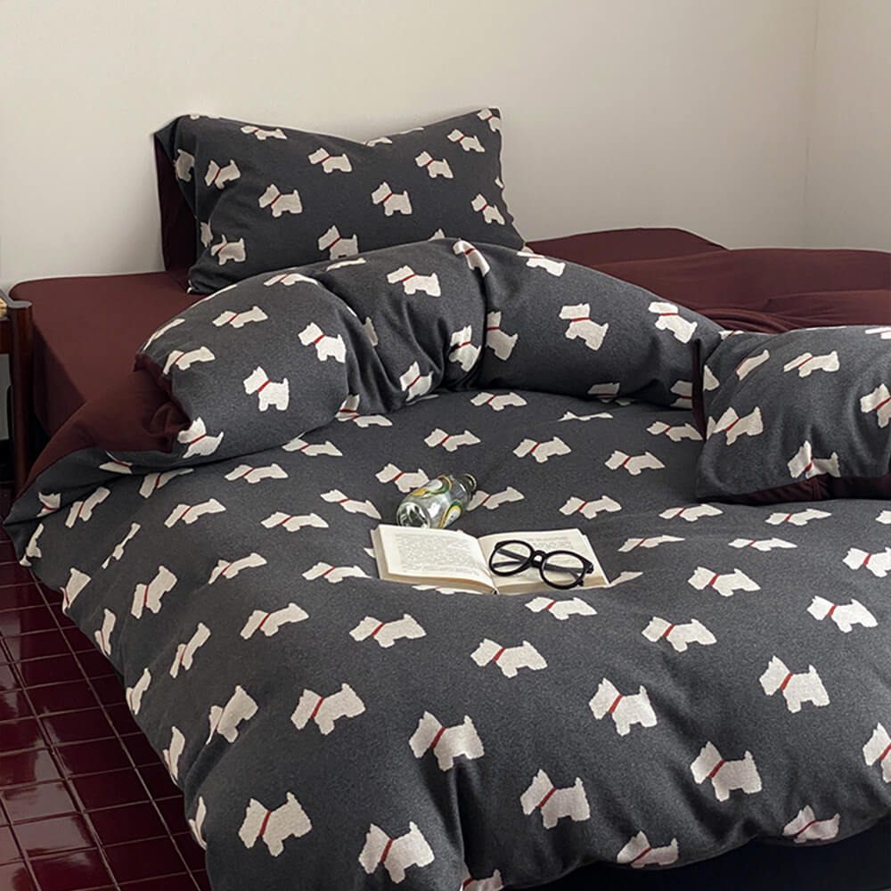 Cute Puppy Jacquard Knit Cotton Duvet Cover Bed Sheet Set