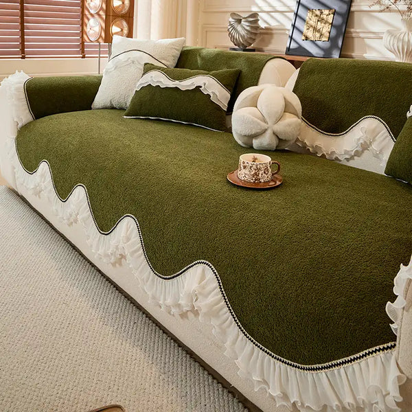 Elegant Soft Chenille Non-Slip Couch Cover with  Ruffled Skirt