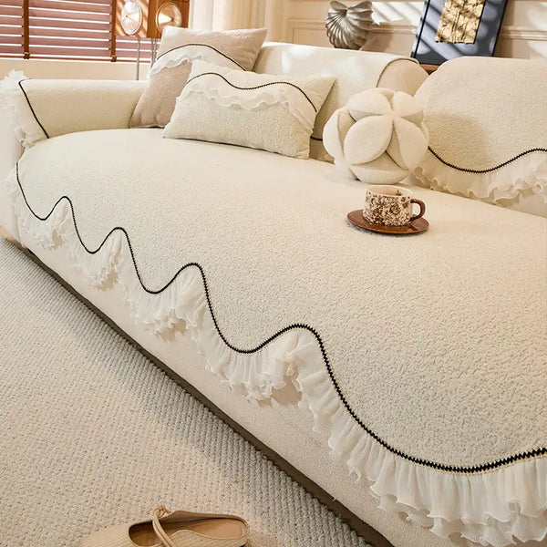 Elegant Soft Chenille Non-Slip Couch Cover with  Ruffled Skirt