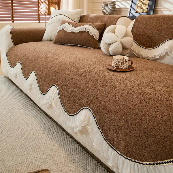 Elegant Soft Chenille Non-Slip Couch Cover with  Ruffled Skirt