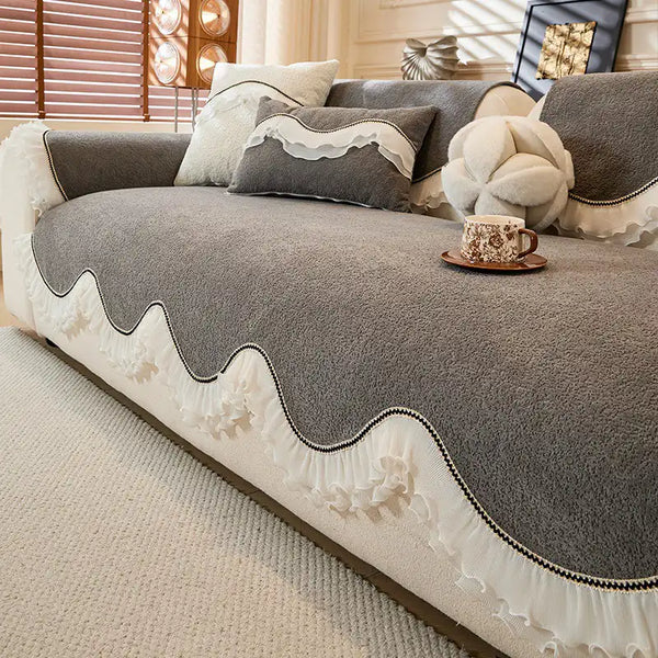Elegant Soft Chenille Non-Slip Couch Cover with  Ruffled Skirt
