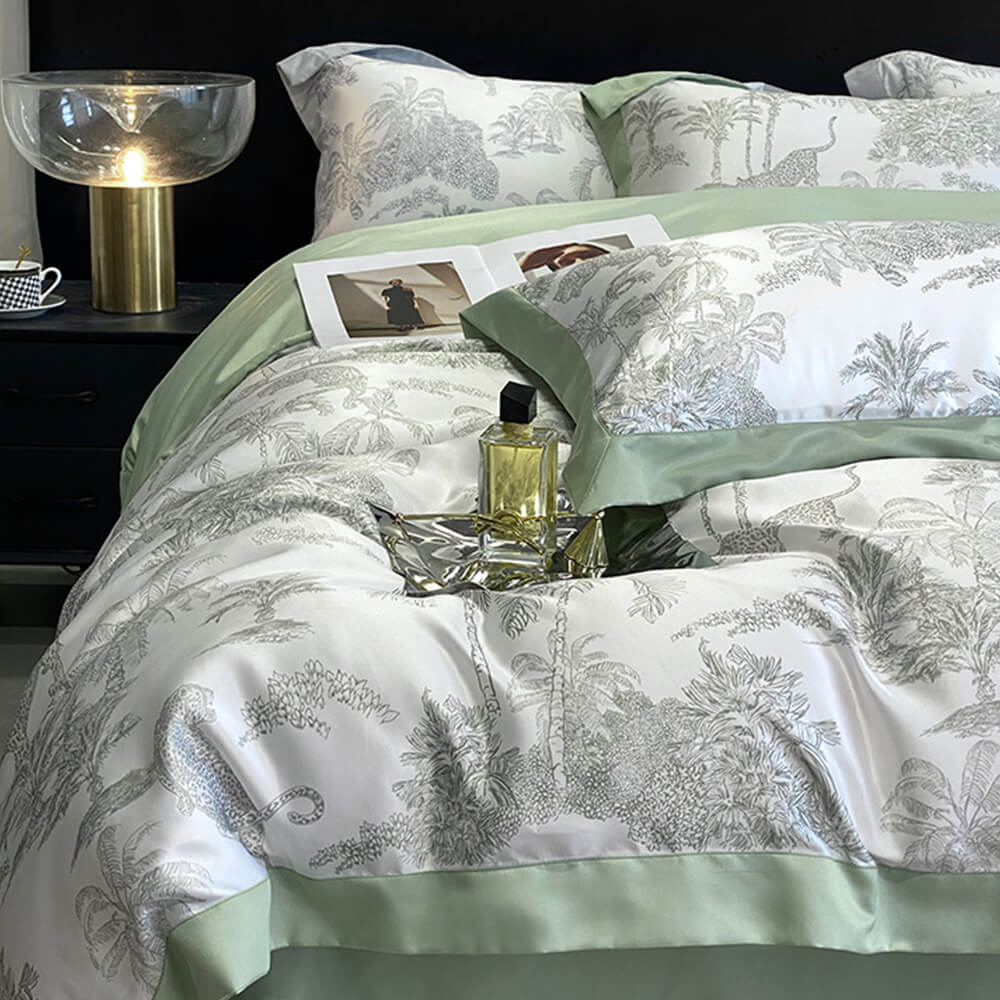 Elegant Toile Print Silky Cooling Duvet Cover Bed Sheet Set