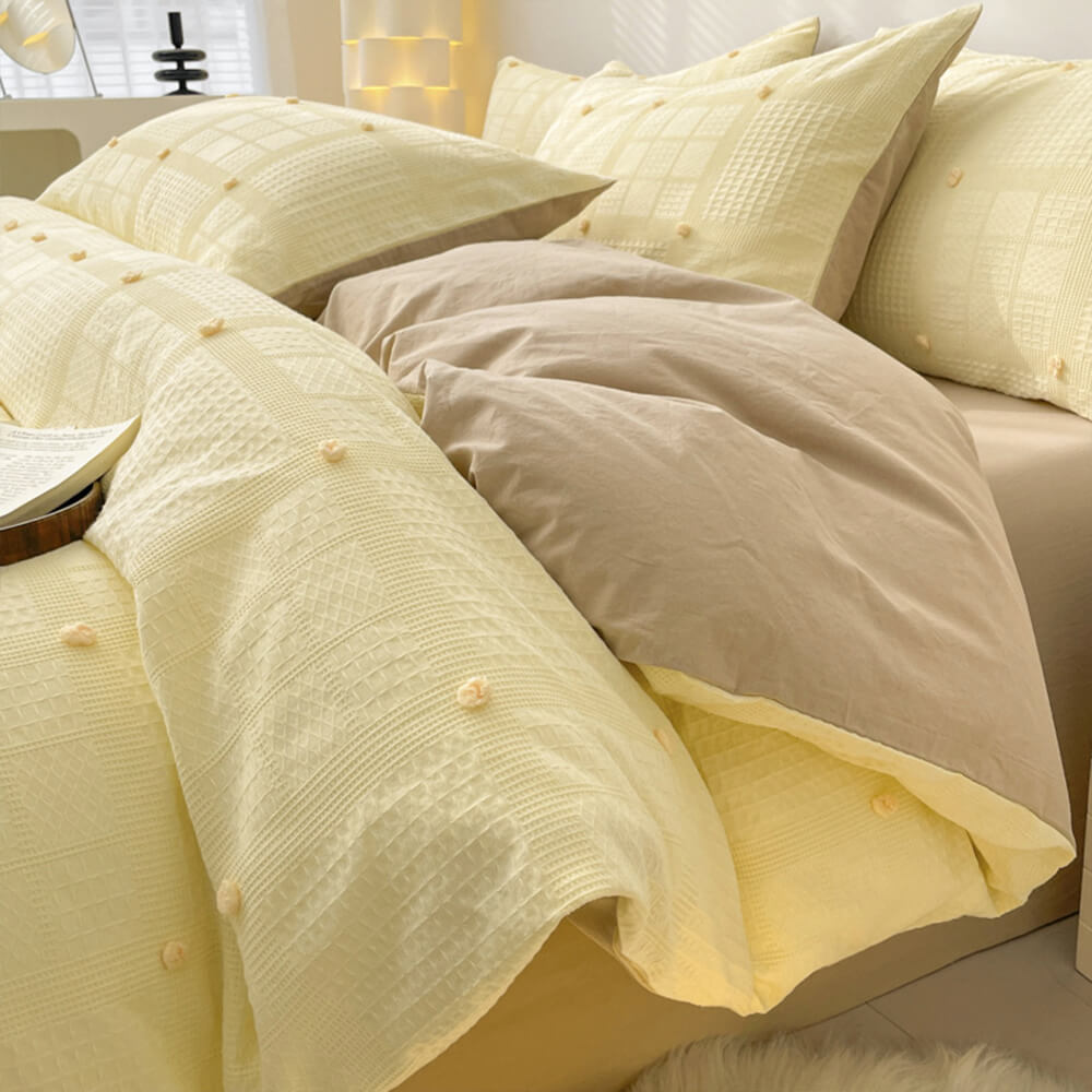 Embroidered Pom-Pom Waffle Weave Cotton Bed Sheet Set